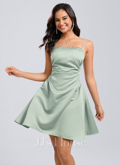 satin spaghetti strap homecoming dress Lovely Short Pink Spaghetti Straps Ruffles Satin Homecoming Dresses main image 0