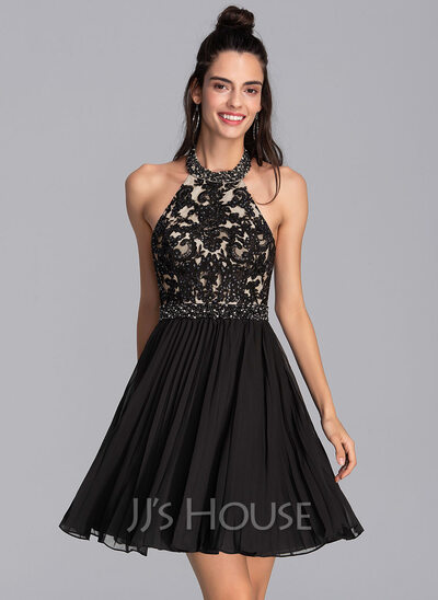 A Line Chiffon Beading Halter Sleeveless Prom Dresses LBQ3405