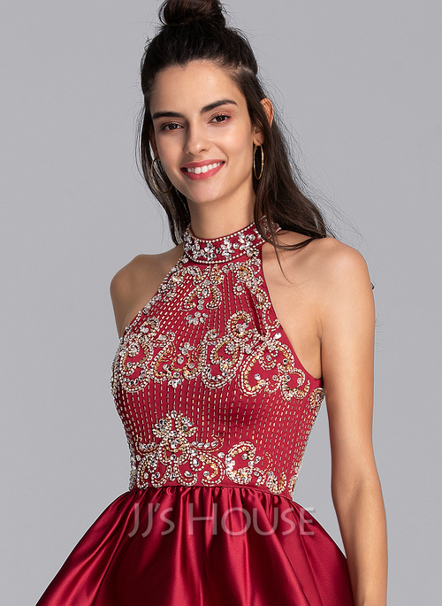 high neck short homecoming dresses Chic High Neck Rhinstone Short Prom Dress Satin Homecoming Dress ,MH473 main image 1
