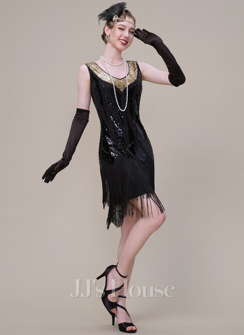 slim fit dress slacks 1920's Black Flapper Dress with Silver and Gold Beaded Fringe main image 1