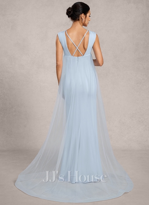 JJ's House Sheath Column V-Neck Sweep Train Tulle Jersey Maternity Formal Dress 2026 With Pleated - Size: 16, Ivory, White