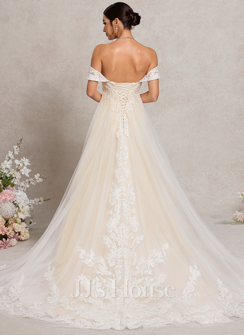 JJ's House A-line Off the Shoulder Court Train Tulle Lace Maternity Wedding Dress 2026 - Size: 22, White. Available in Regular, Petite & Plus Size.