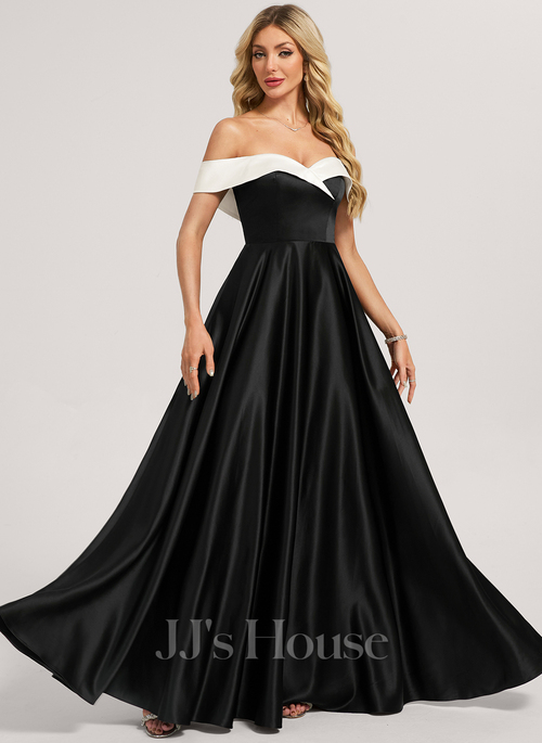off-the-shoulder satin a-line bridesmaid dress A-line Off the Shoulder Satin Cheap Simple Bridal Wedding Dresses SWD0058 main image 0