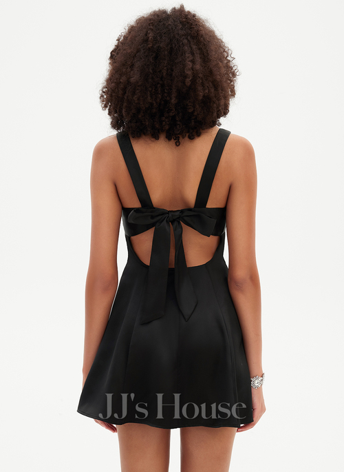 sachin and babi light blue dress Black Satin A-line V-neck Spaghetti Straps Short Homecoming Dresses, MH521