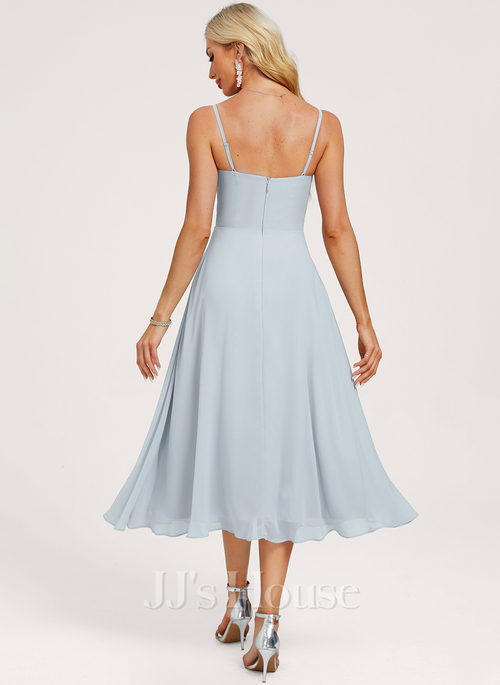 white christmas dresses Elegant Tea-Length Chiffon Wedding Guest Dress - V-Neck Short Sleeve