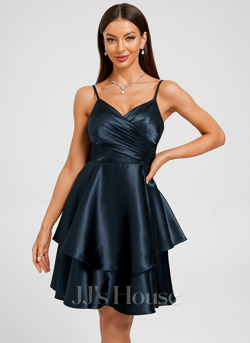 Emima V-Neck Pleated Stretch Satin Homecoming Dress | JJ's House