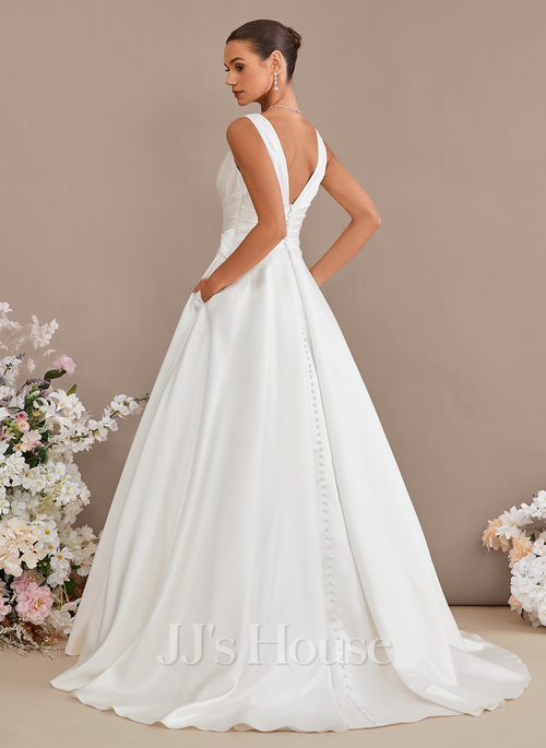 navy blue dress for baby girl ENCHANTING DEEP V-NECKLINE SATIN A-LINE WEDDING DRESS WITH POCKETS main image 0