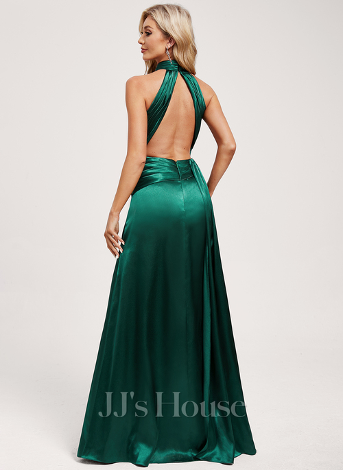 JJ's House A-line Halter Floor-Length Stretch Satin Bridesmaid Dress 2026 With Ruffle - Size: 22, Black. Available in Regular, Petite & Plus Size.