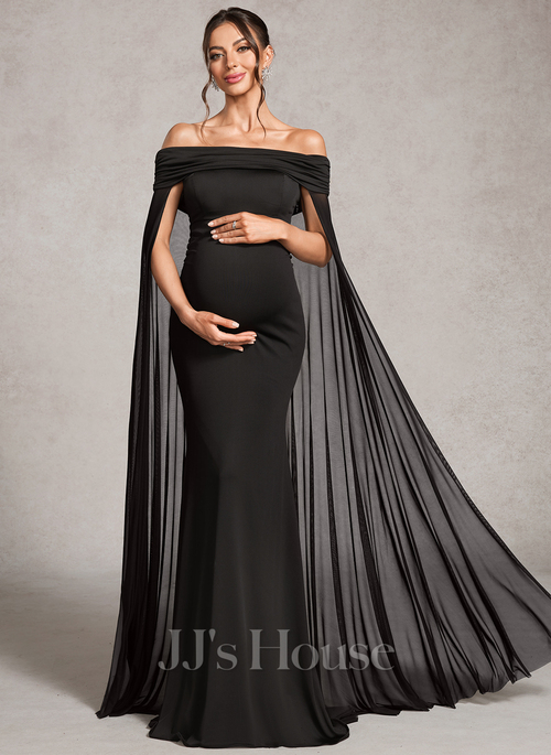 JJ's House Trumpet Mermaid Off the Shoulder Floor-Length Jersey Maternity Formal Dress 2026 With Pleated Cape - Size: 22, Black. Plus Size Available.