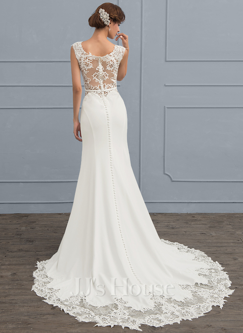 JJ's House Trumpet Mermaid Scoop Court Train Lace Stretch Crepe Wedding Dress 2026 - Size: 22, Ivory, White. Plus Size Available.