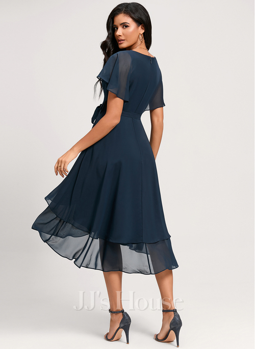 navy blue dress for baby girl A-line Halter One Shoulder V-Neck Chiffon Bridesmaid Dress-ZS258 main image 0