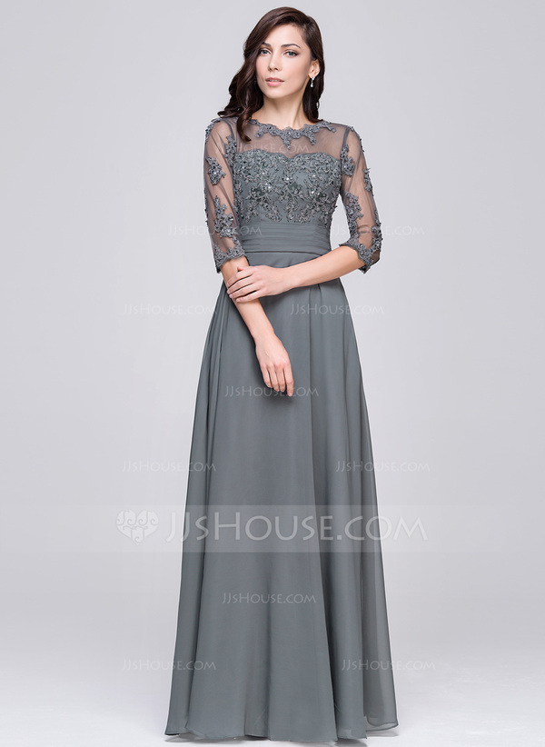 A Line Scoop Grey Sleeveless Split Chiffon Prom Dress with Appliques LBQ4338