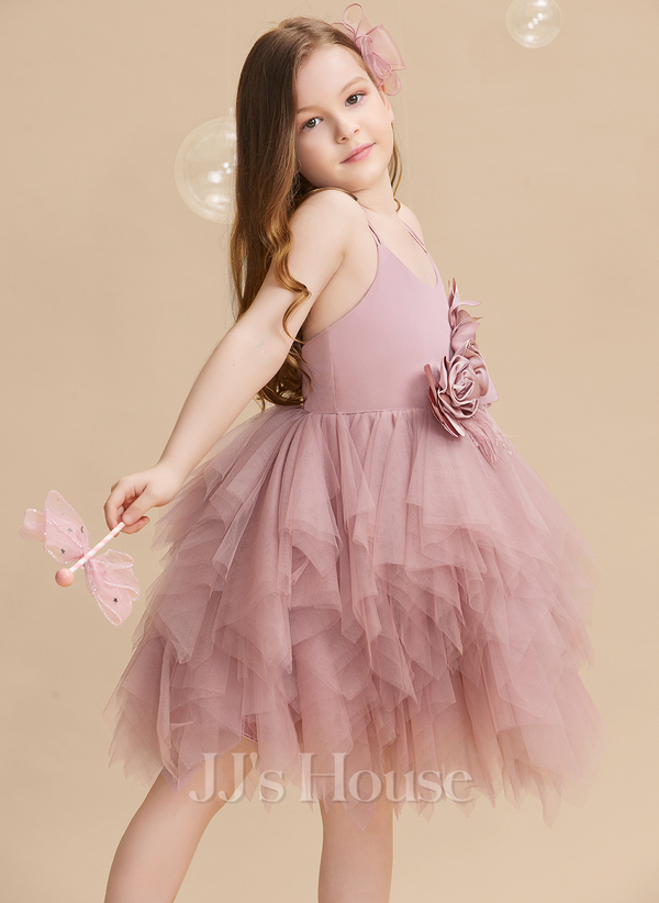 Ball-Gown/Princess Straps Puff Sleeves Knee-Length Flower Girl Dresses with Appliques main image 1