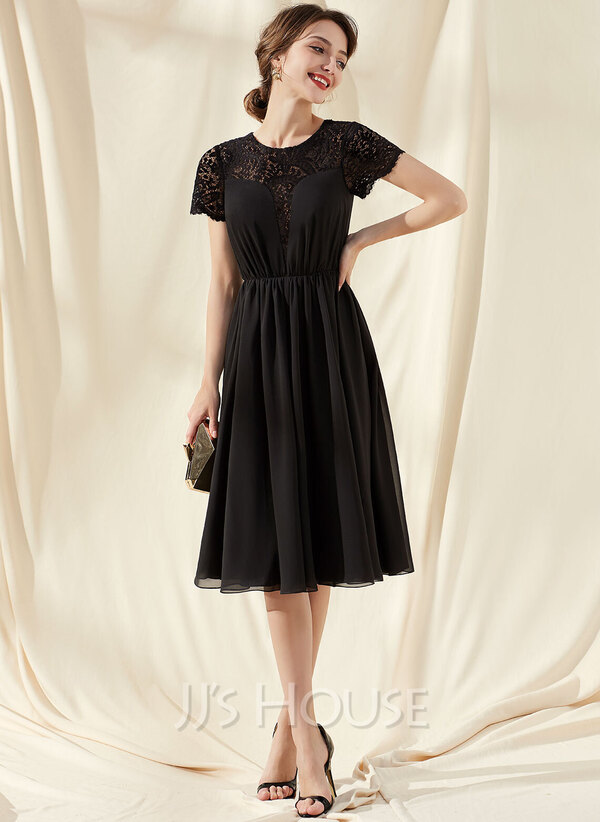 A-Line Scoop Neck Knee-Length Chiffon Lace Cocktail Dress With Ruffle ...