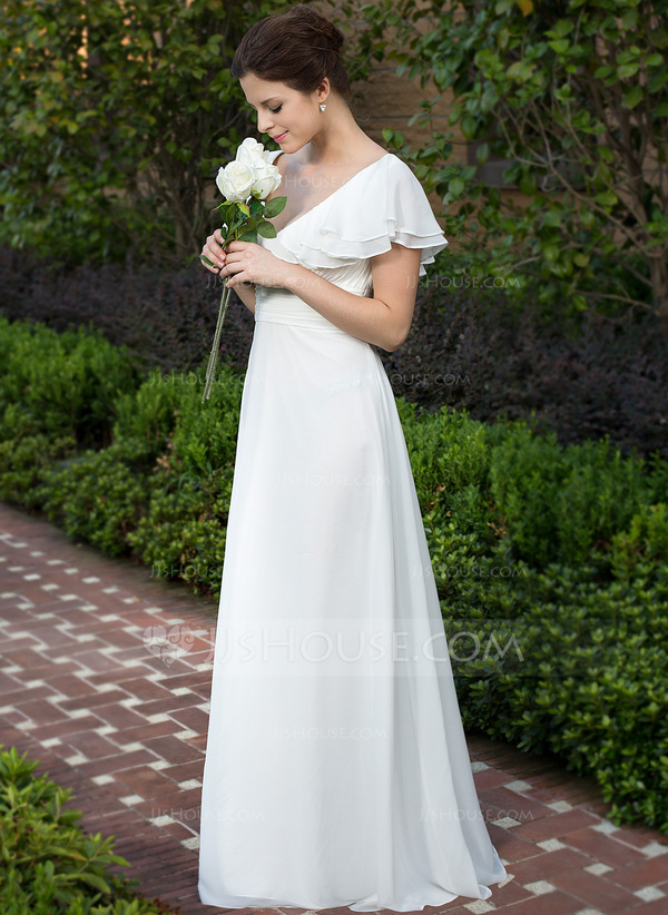 A-Line/Princess V-neck Floor-Length Chiffon Wedding Dress With Ruffle ...