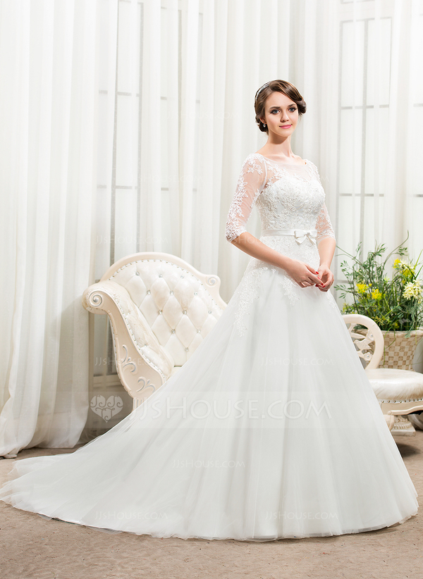 Princess Ball Gown Wedding Dresses Jewel Neck Chapel Train Lace Tulle Short Sleeve Formal Luxurious main image 1