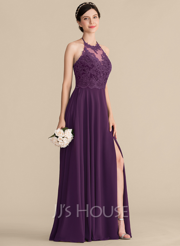 A-Line/Princess Halter Floor-length Long Bridesmaid Dresses