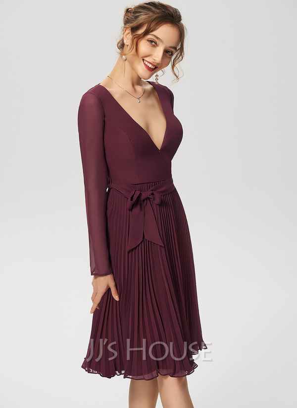 A-Line V-neck Knee-Length Chiffon Cocktail Dress With Bow(s) Pleated ...