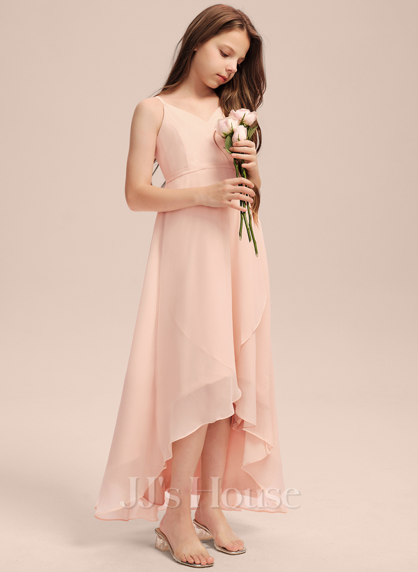 Flutter Sleeves V-neck Asymmetrical Junior Bridesmaid Dresses Stormy main image 1