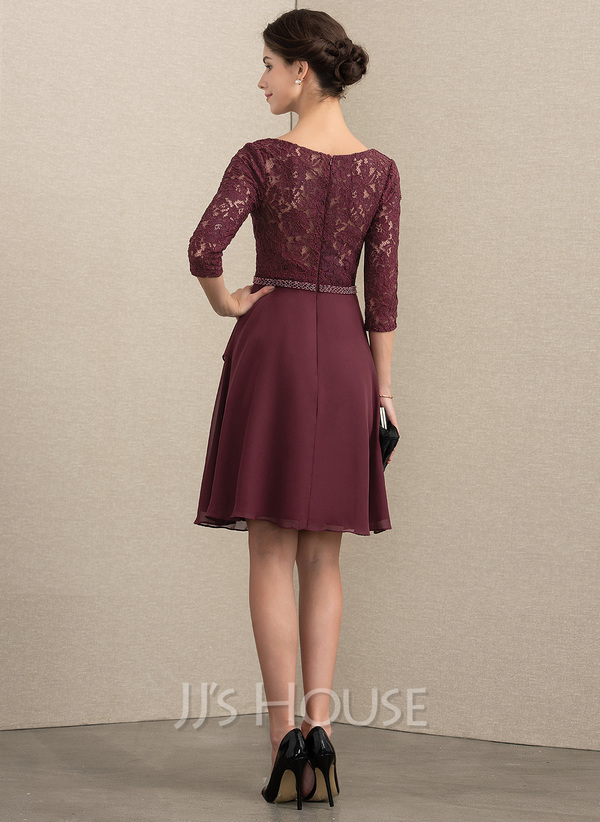 A-Line V-neck Knee-Length Chiffon Lace Cocktail Dress With Beading ...