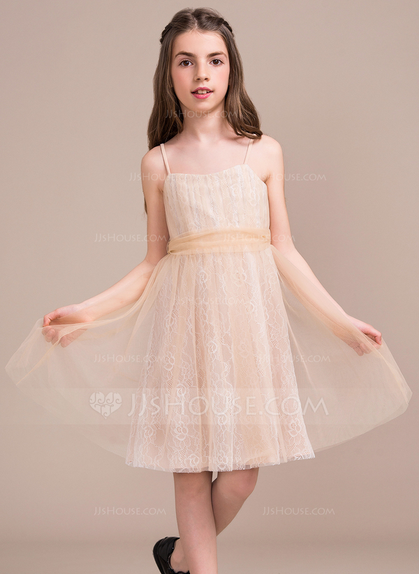A-Line Jewel Neck Lace/Tulle Junior Bridesmaid Dress with Bow(s) for Wedding Party main image 0
