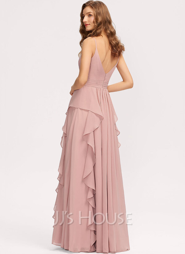 A-Line V-neck Floor-Length Chiffon Bridesmaid Dress With Ruffle ...