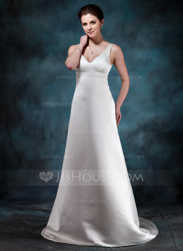 Ruffles Back Sheath Column V Neck Satin Wedding Dress main image 0