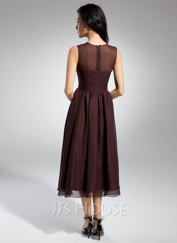 V-hals blush roze chiffon bruidsmeisje jurk main image 1
