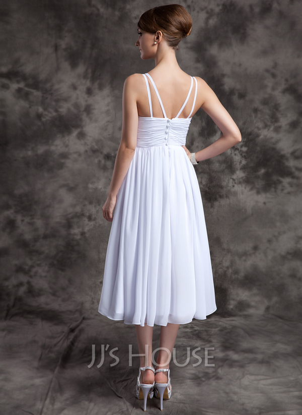 V-neck Pleated A-line Tea-length Chiffon Dress Lemon
