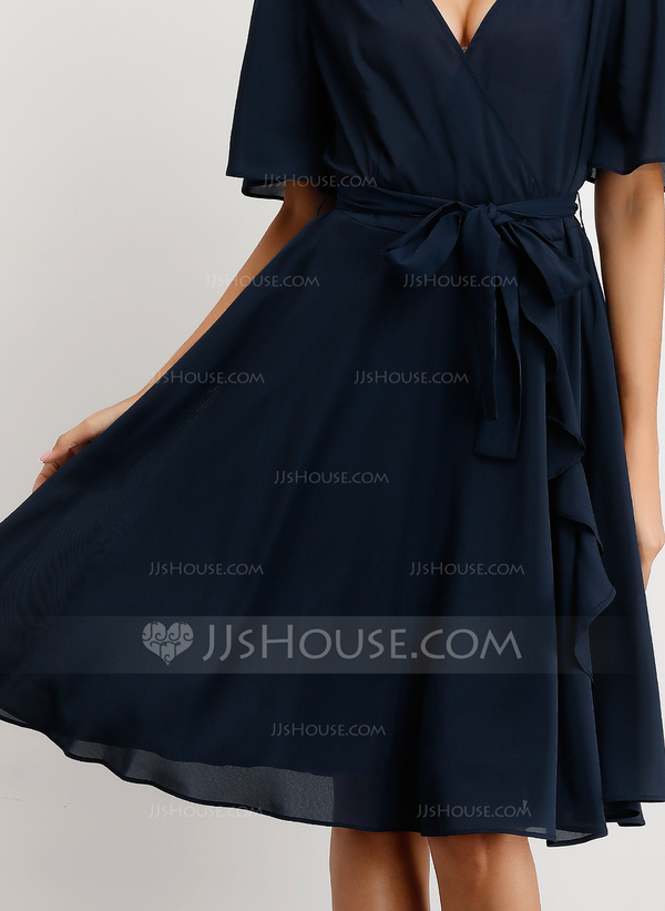 A-Line V-neck Knee-Length Chiffon Cocktail Dress (016208448) - JJ's House