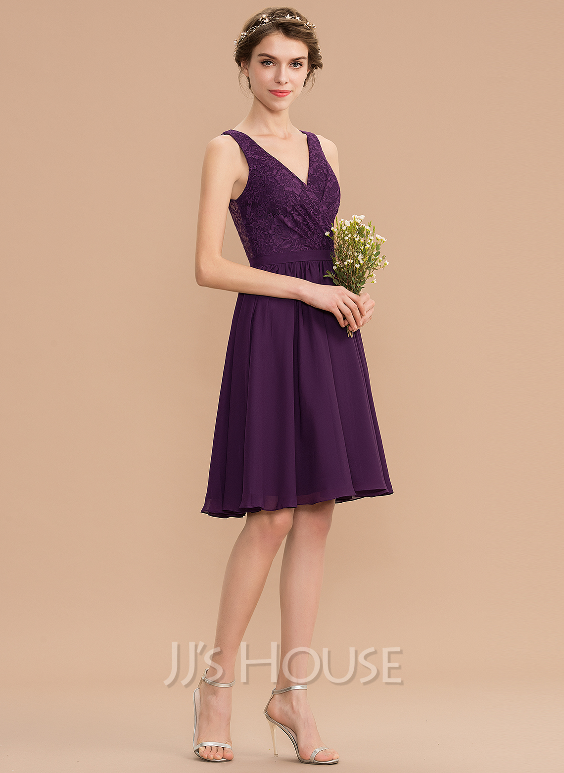A-Line V-neck Knee-Length Chiffon Lace Bridesmaid Dress With Ruffle ...