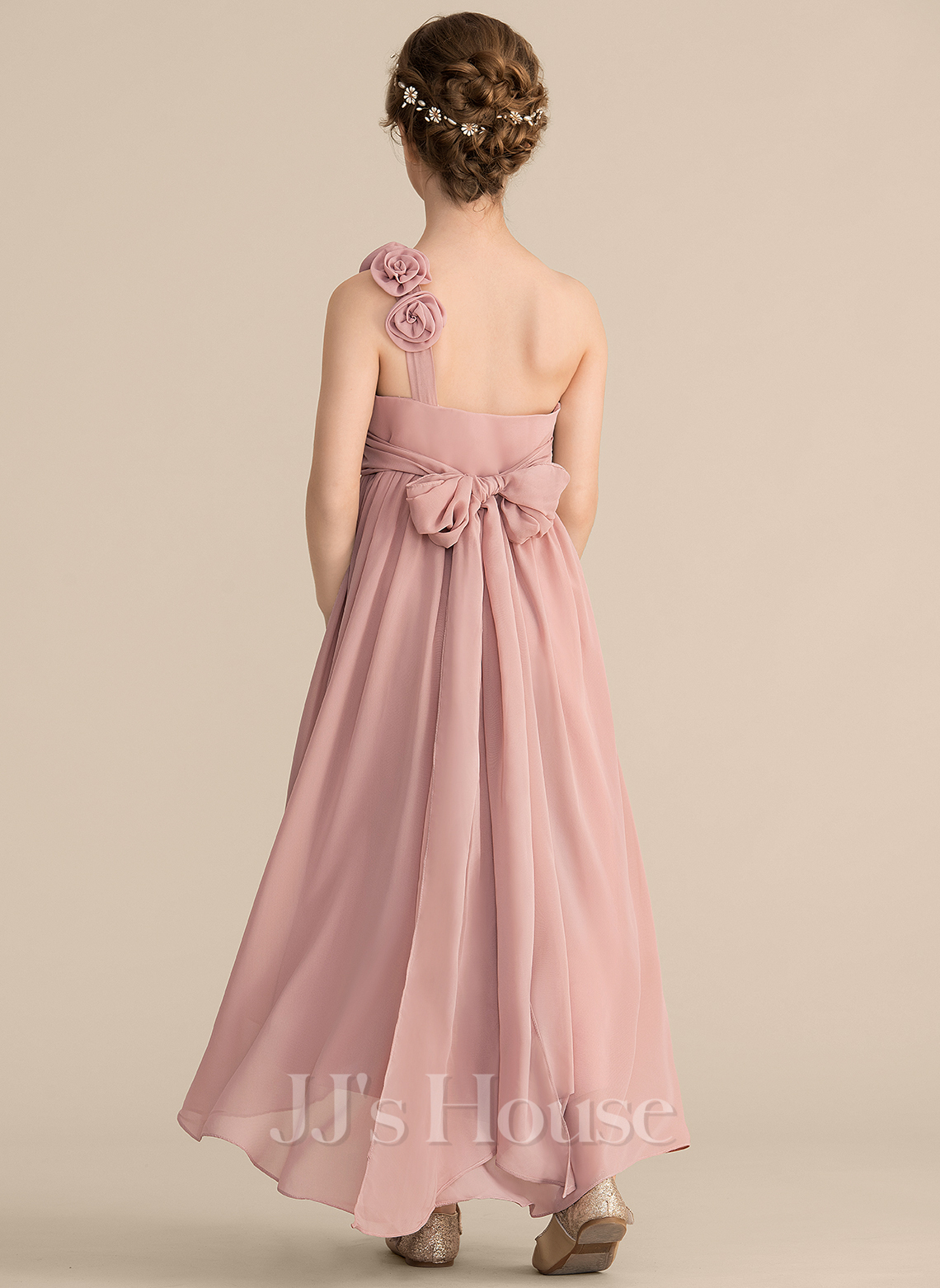 One Shoulder Pleated Junior Bridesmaid Dress With Flowers Orange