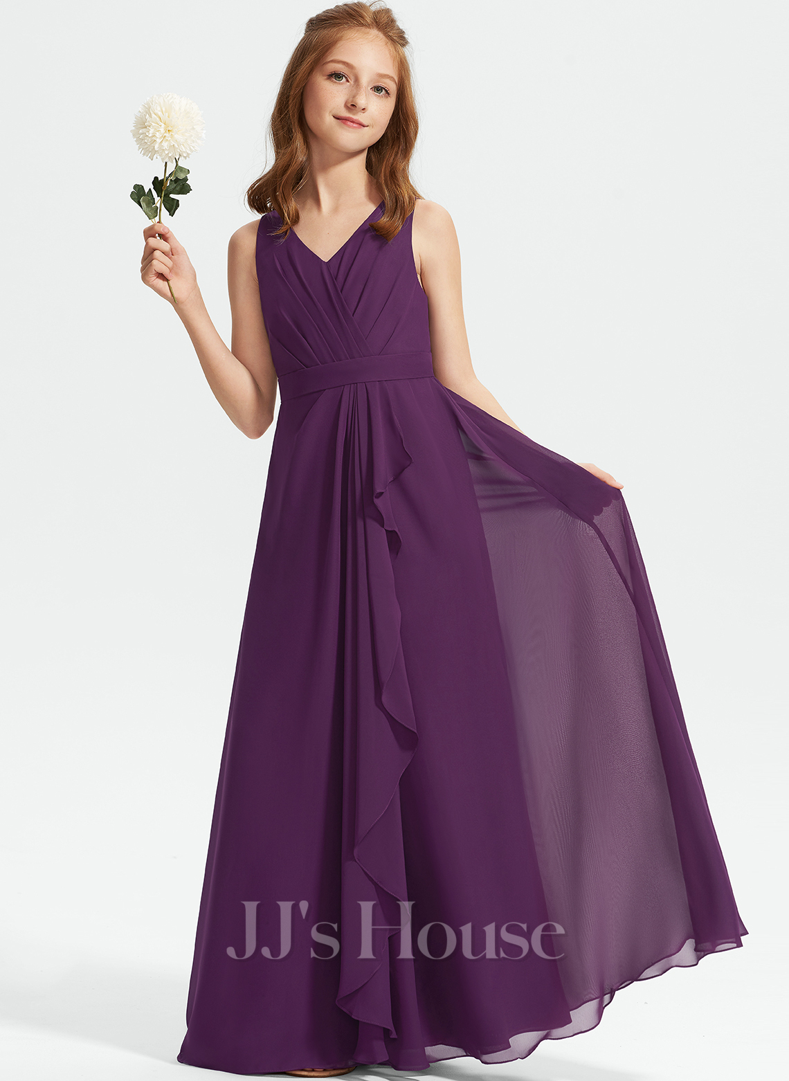 Ruffles V-neck Chiffon Slit Junior Bridesmaid Dresses Lime Green