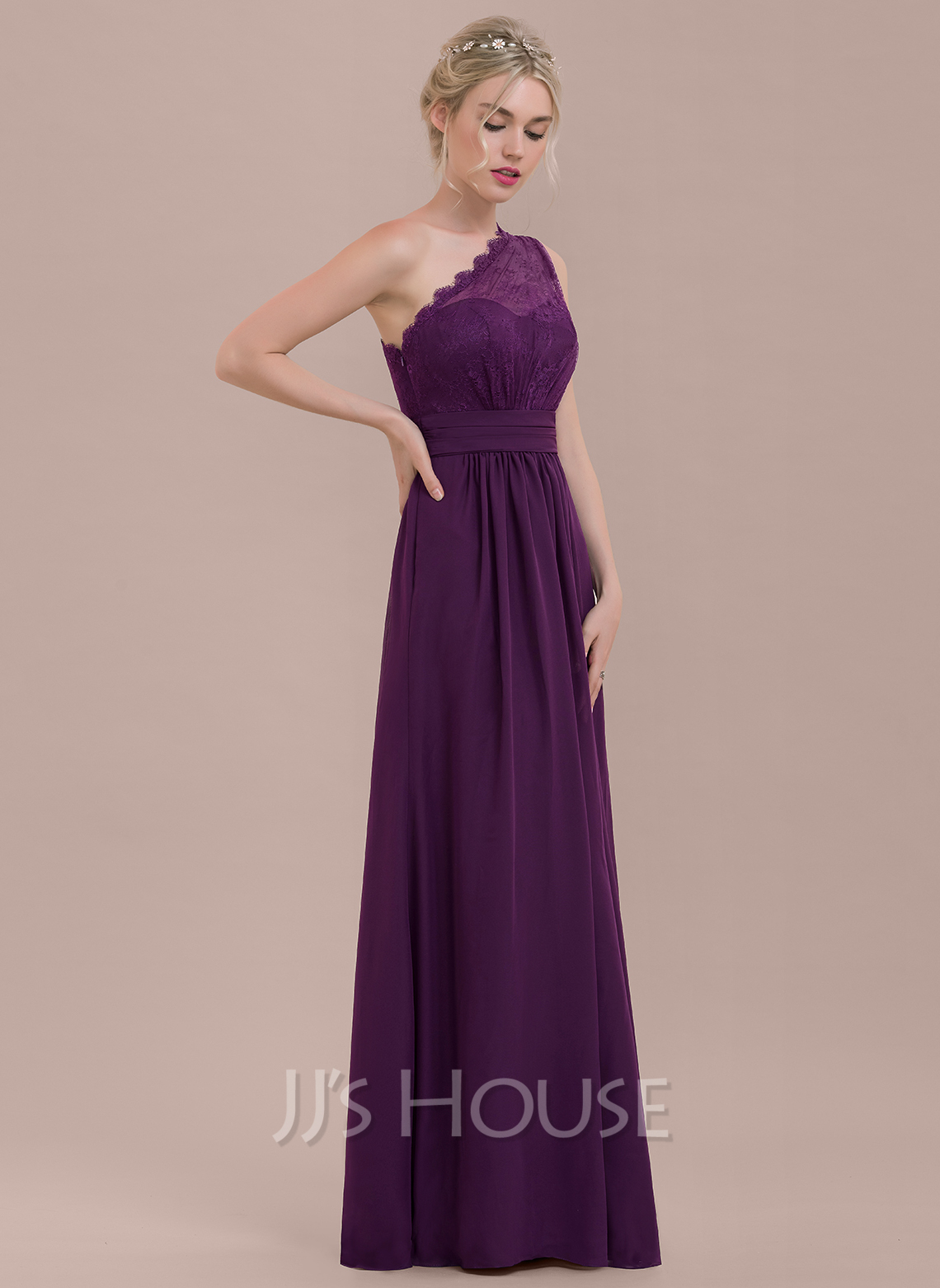 One-Shoulder Lace Chiffon A-Line Bridesmaid Dress in Champagne Rose main image 1