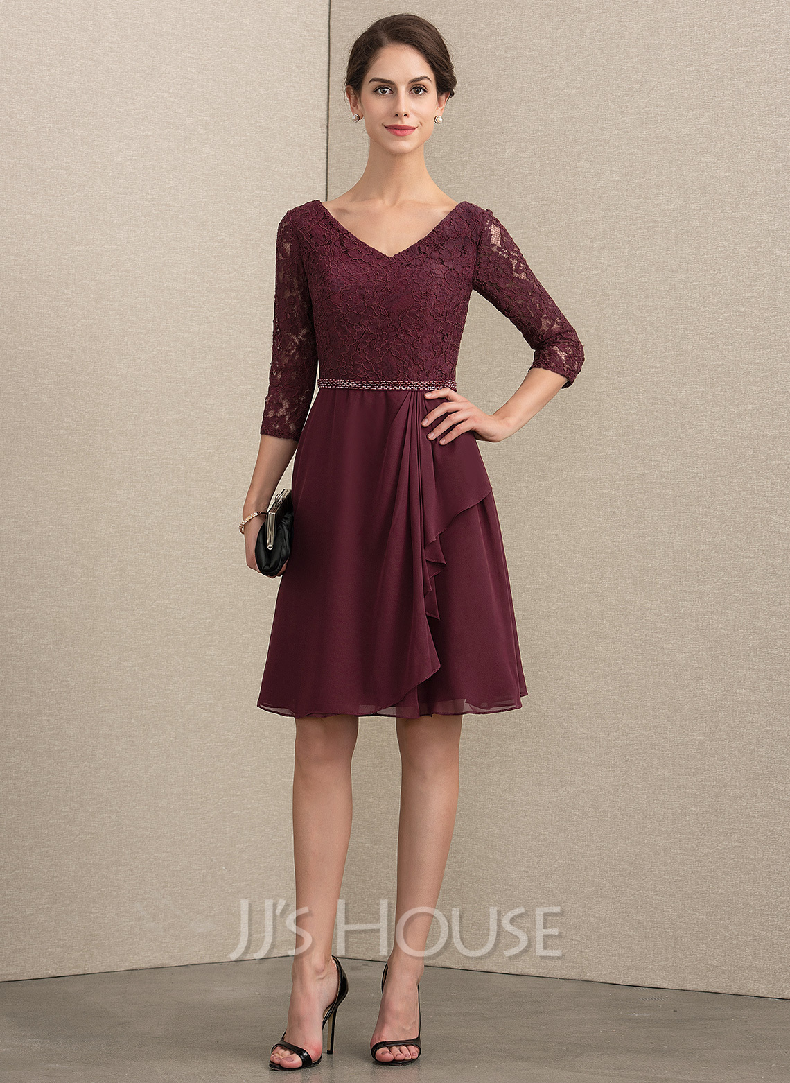 A-Line V-neck Knee-Length Chiffon Lace Cocktail Dress With Beading ...