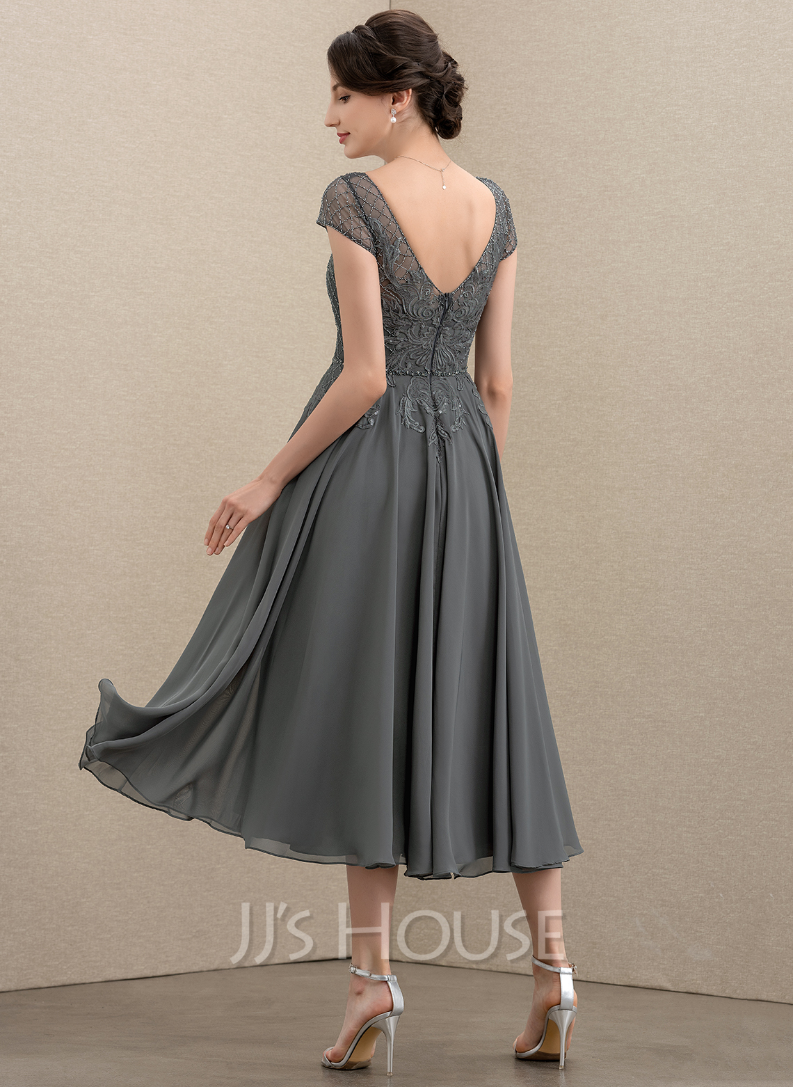 A-line V-Neck Tea-Length Chiffon Mother of the Bride Dress With Pleated Beading main image 1