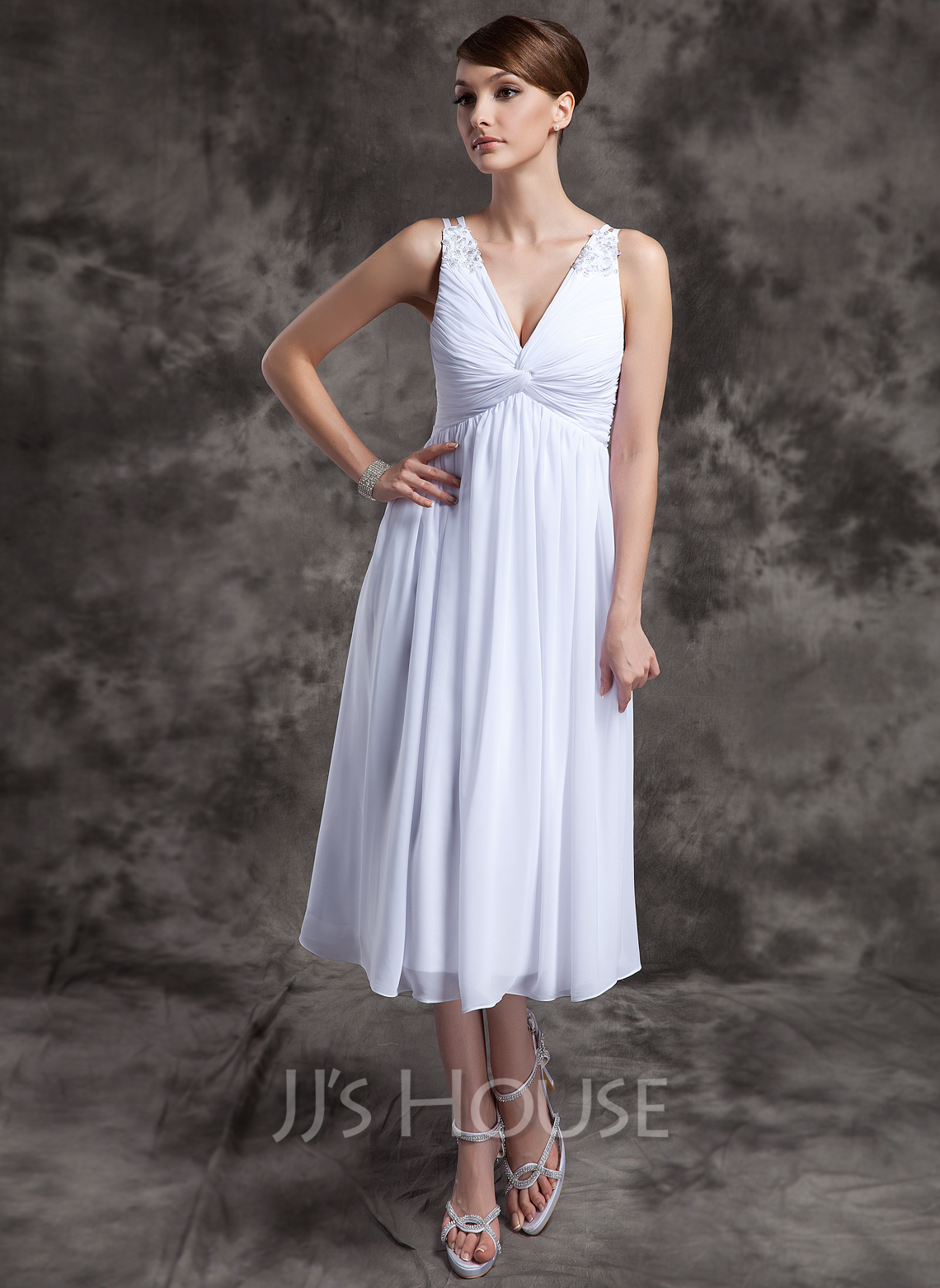 V-neck Pleated A-line Tea-length Chiffon Dress Jade