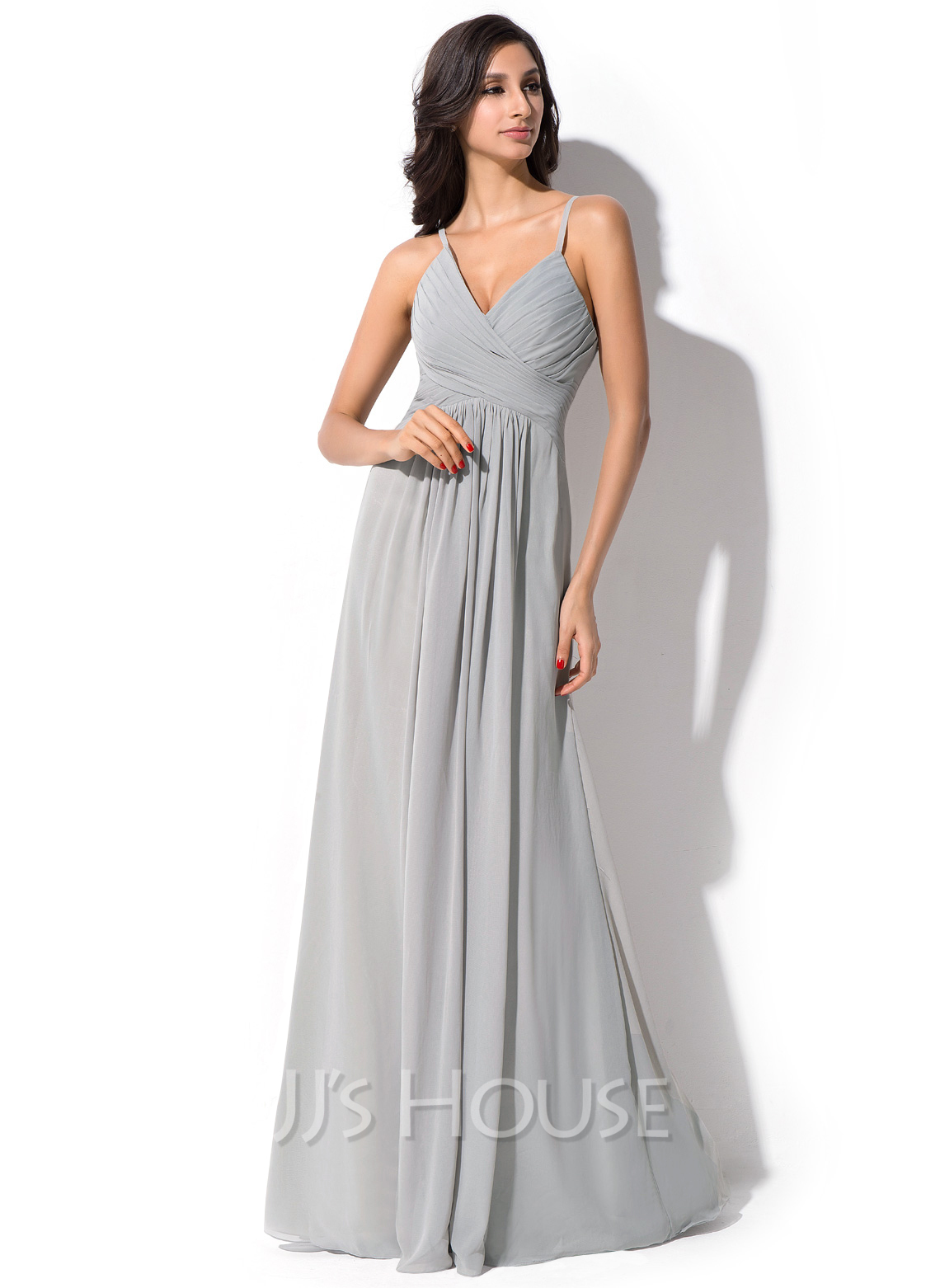 A-Line V-neck Floor-Length Chiffon Bridesmaid Dress With Ruffle ...