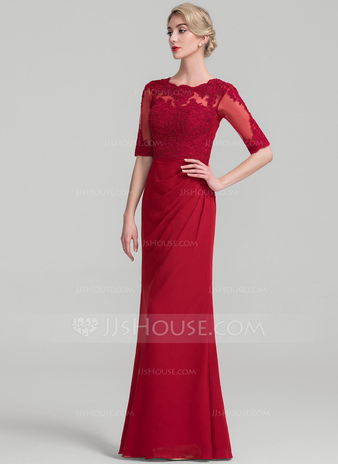 Sheath/Column Scoop Neck 3/4 Sleeves Floor-Length Mother of the Bride Dresses with Rhinestone main image 0