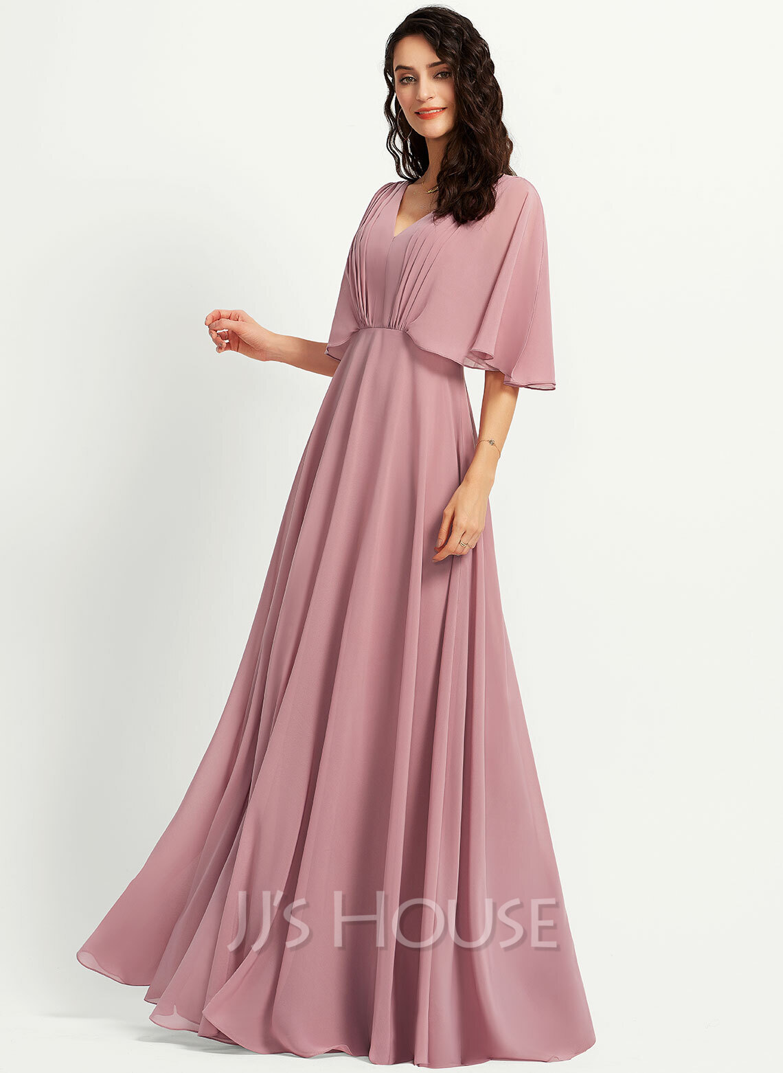 A-Line V-neck Floor-Length Bridesmaid Dress With Ruffle (007251602 ...