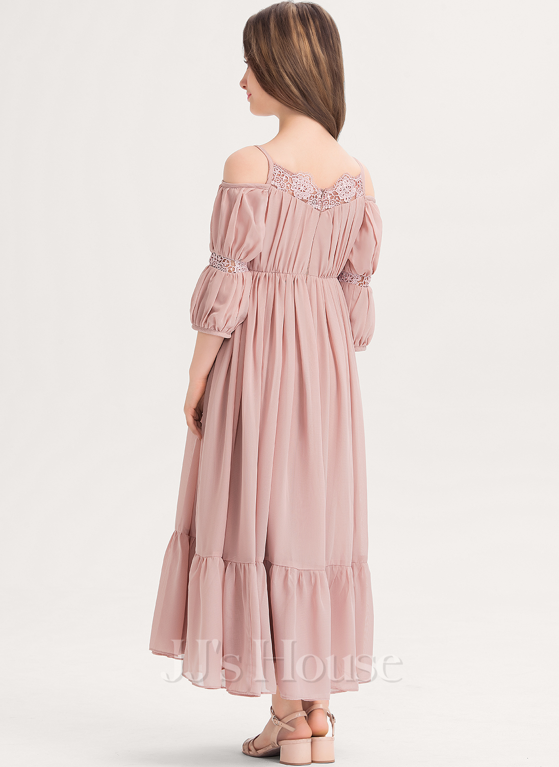 Square Neck Slit Detail Chiffon Junior Bridesmaid Dress Burgundy main image 1