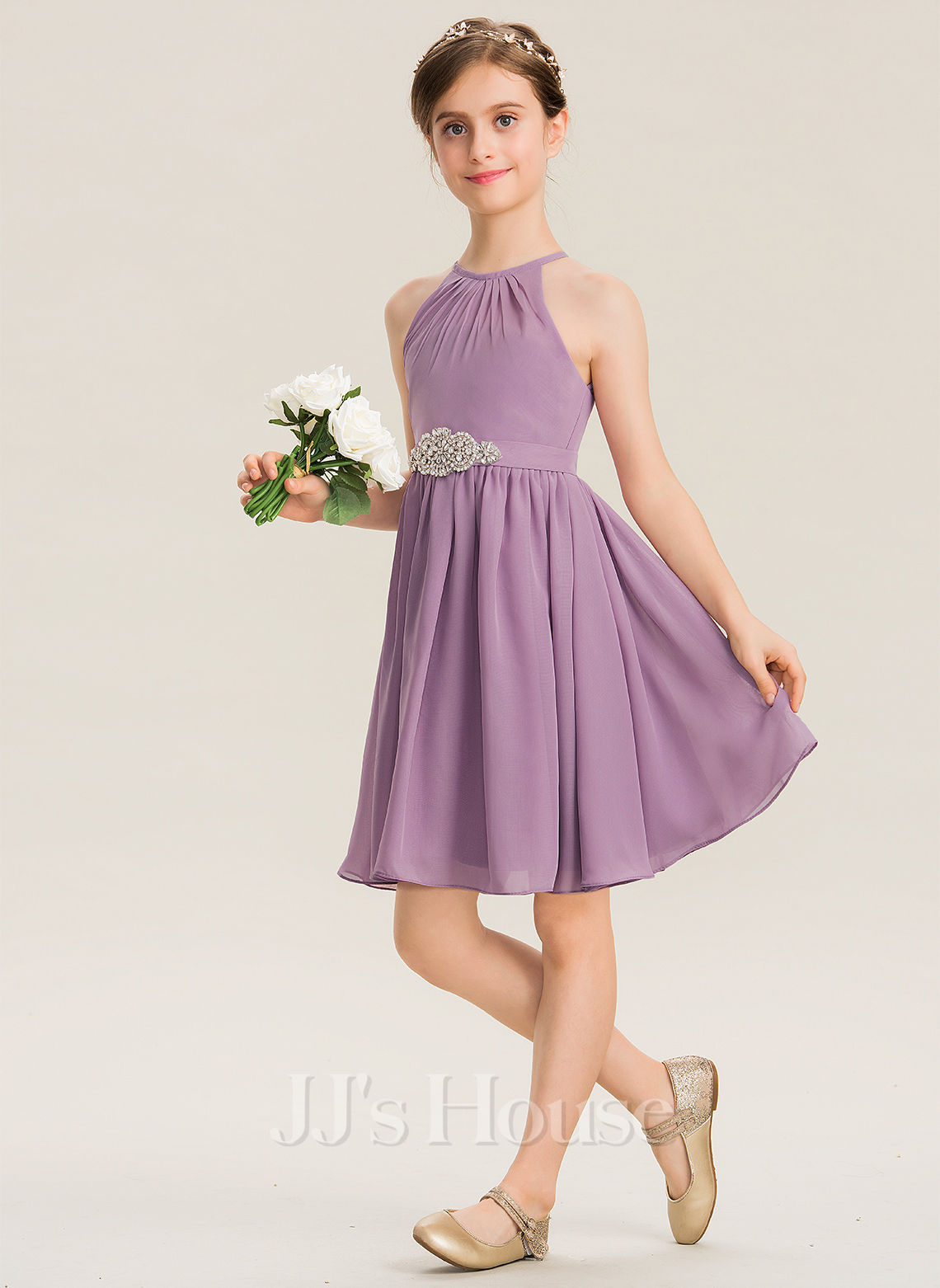 Knee-Length Junior Bridesmaid Dresses With Bowknot Straps Watermelon