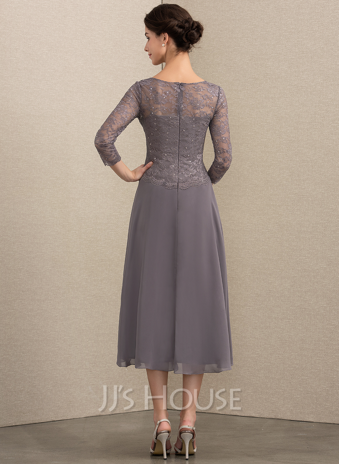 A-Line Scoop Neck Tea-Length Chiffon Lace Cocktail Dress With Sequins ...