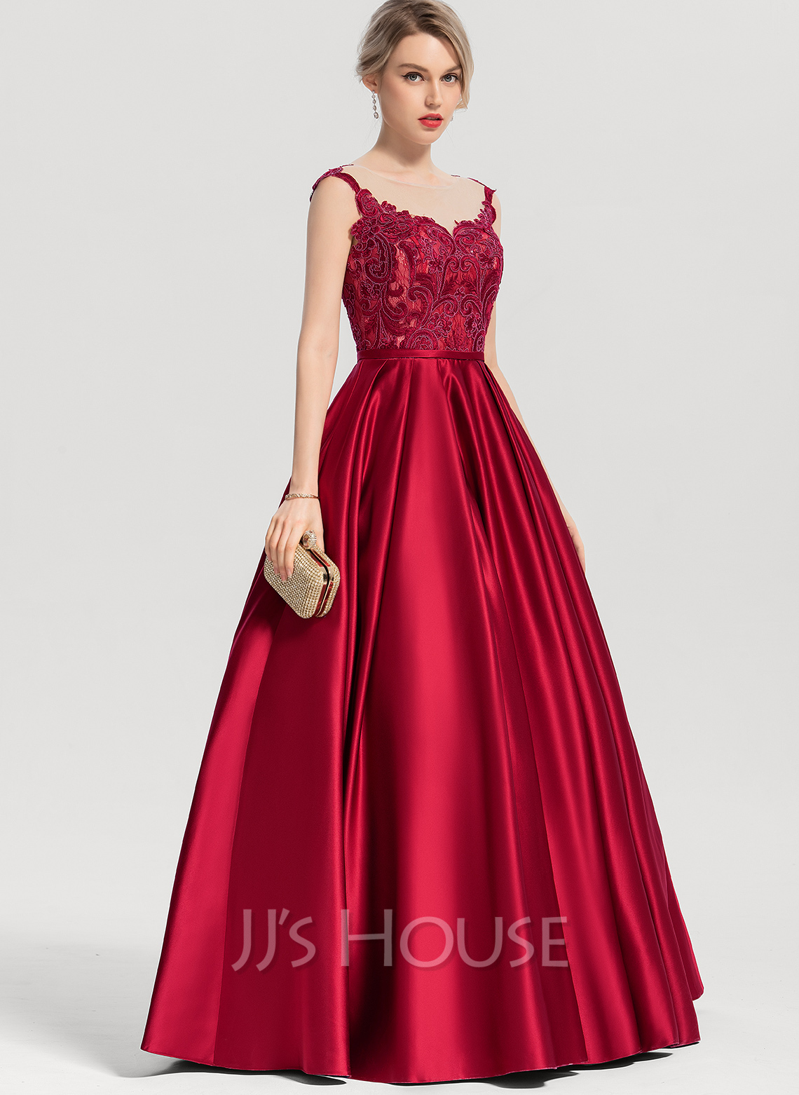 Ball-Gown/Princess Scoop Illusion Floor-Length Tulle Lace Prom Dresses main image 1