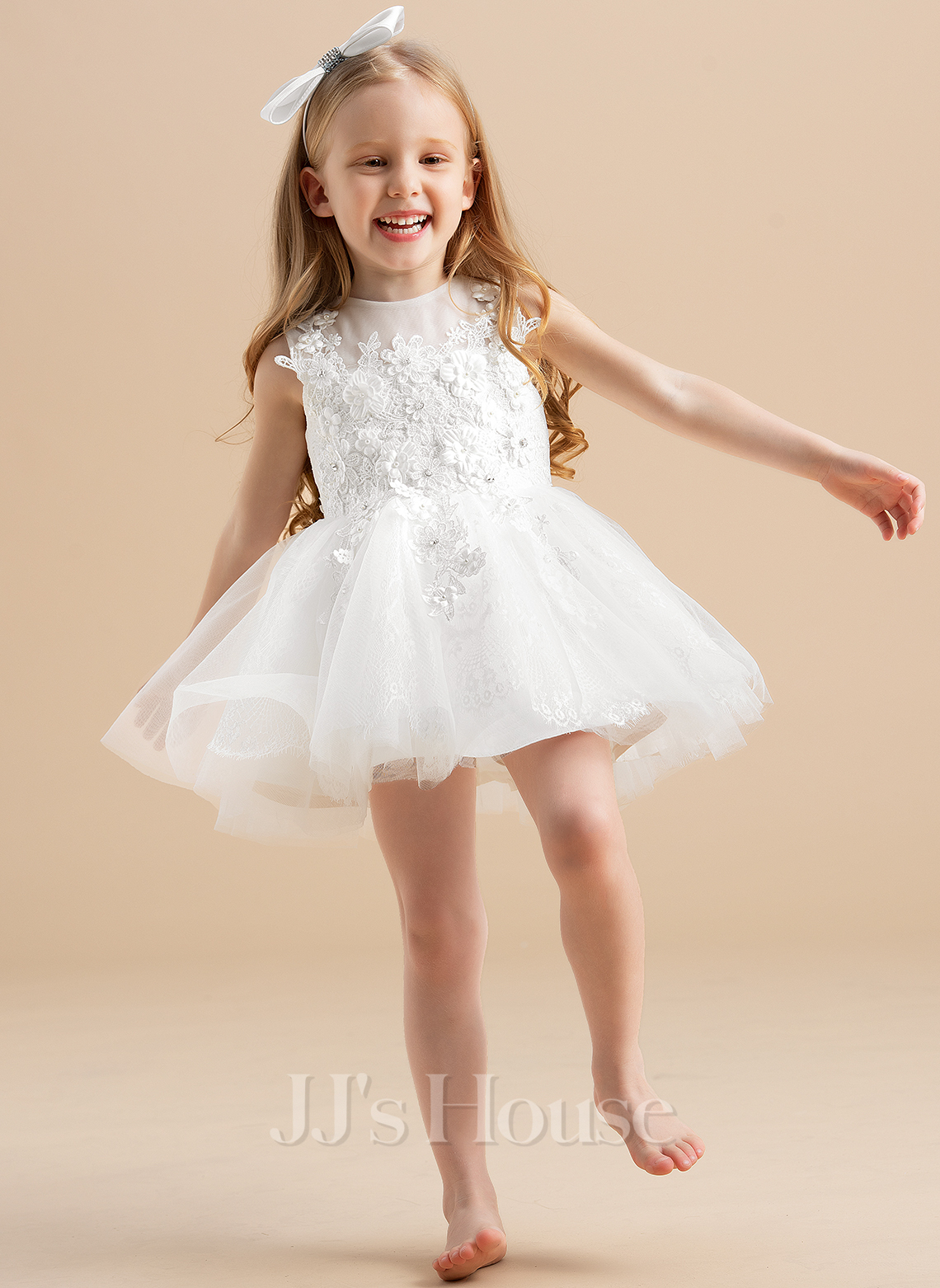 Ball-Gown/Princess Straps Puff Sleeves Knee-Length Flower Girl Dresses with Appliques