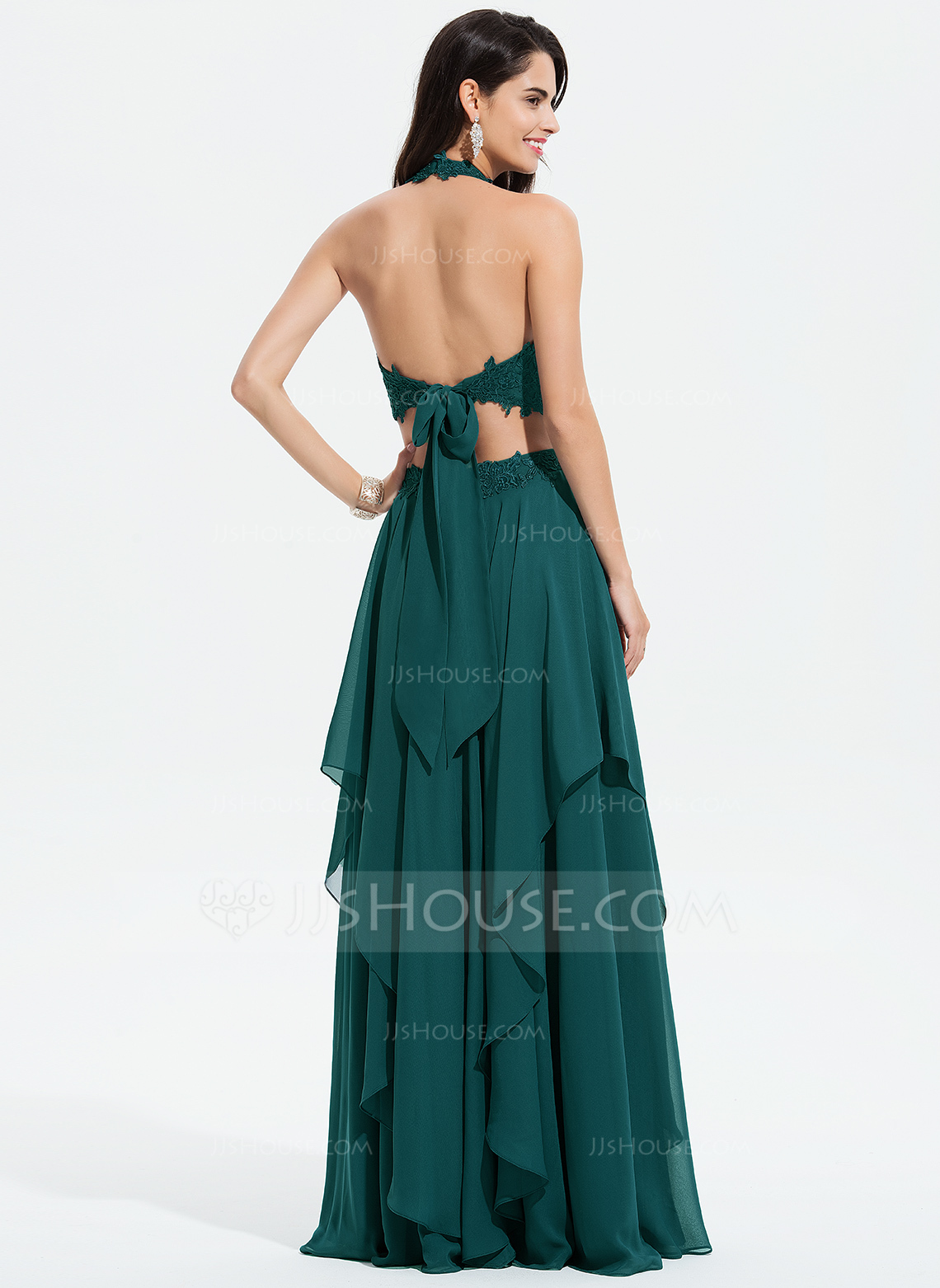 A-Line/Elegant Sleeveless Halter Chiffon Floor-Length Two Piece Prom Dresses