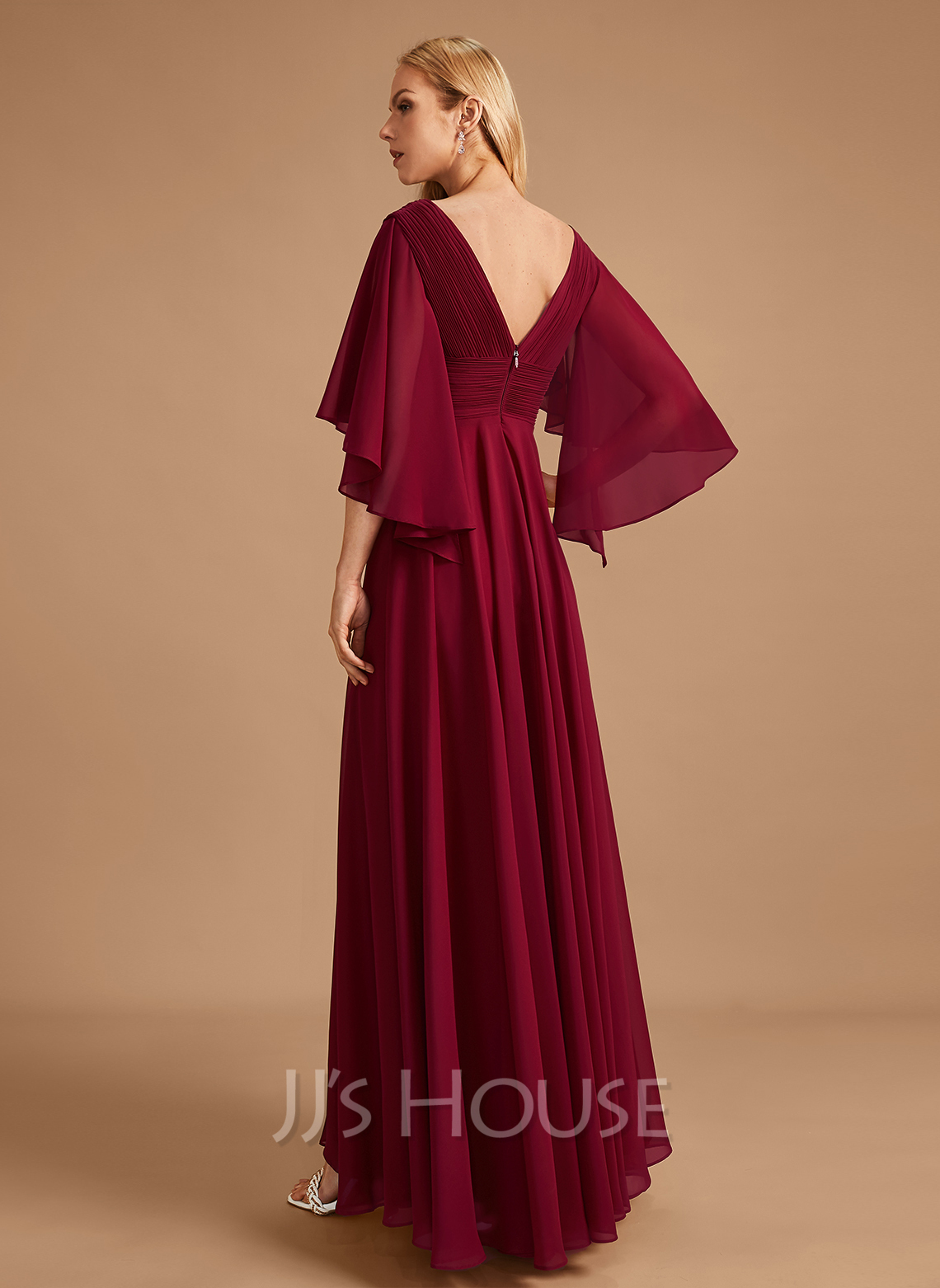 A-Line V-neck Floor-Length Chiffon Bridesmaid Dress With Ruffle ...