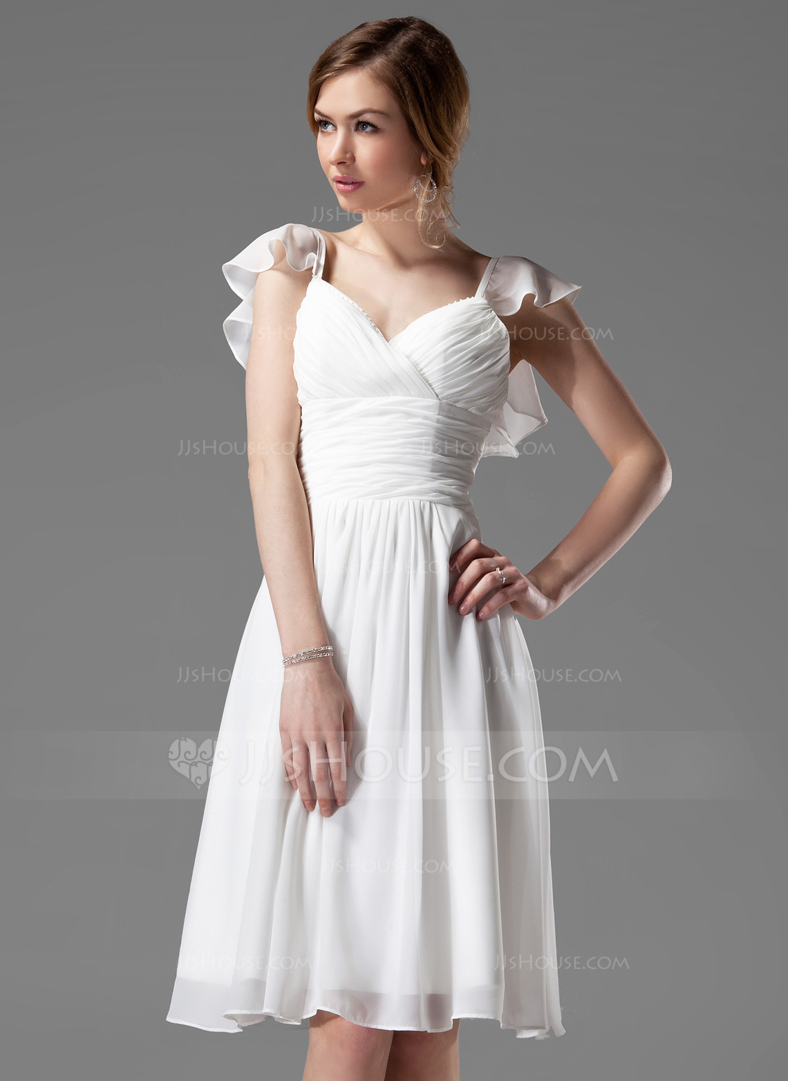A-Line/Princess V-neck Knee-Length Chiffon Bridesmaid Dress With ...