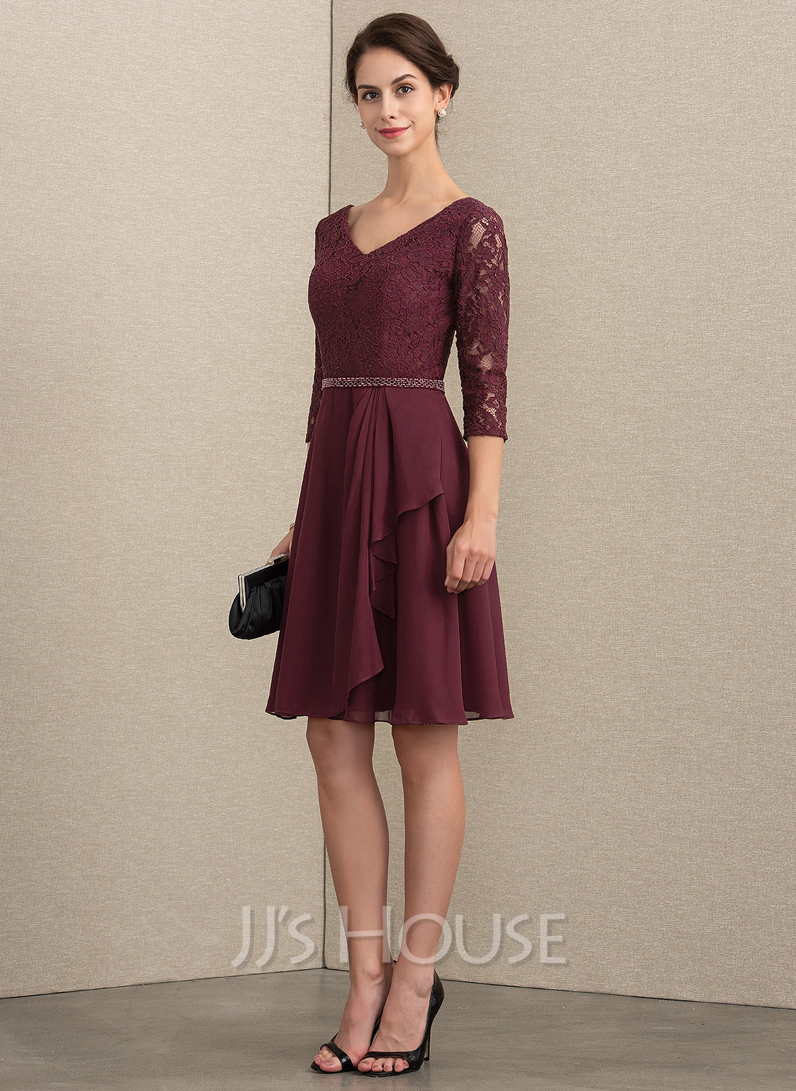 A-Line V-neck Knee-Length Chiffon Lace Cocktail Dress With Beading ...