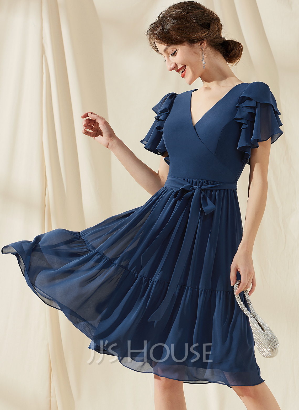 A-Line V-neck Knee-Length Chiffon Cocktail Dress With Bow(s) Cascading ...
